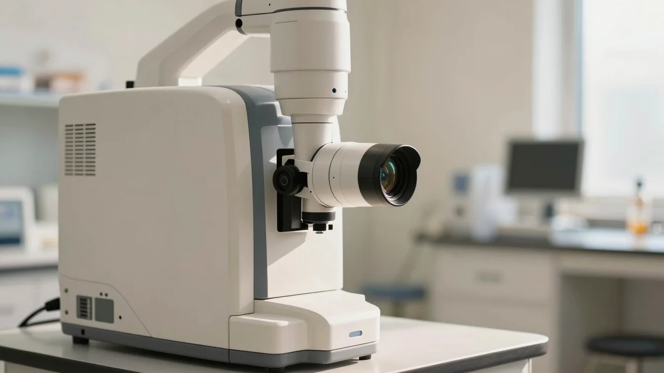 Modern diagnostic equipment in a clean laboratory, subtle warm li