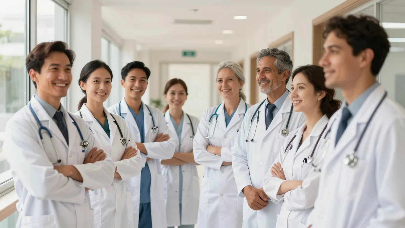 Diverse group of medical professionals in a clean, well-lit hallw