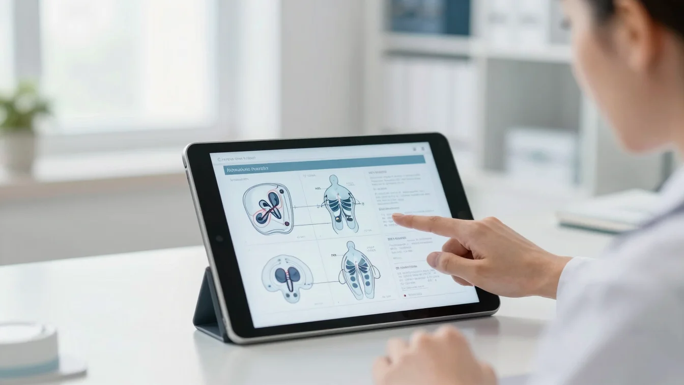 A doctor's hand pointing to a medical diagram on a tablet, clean