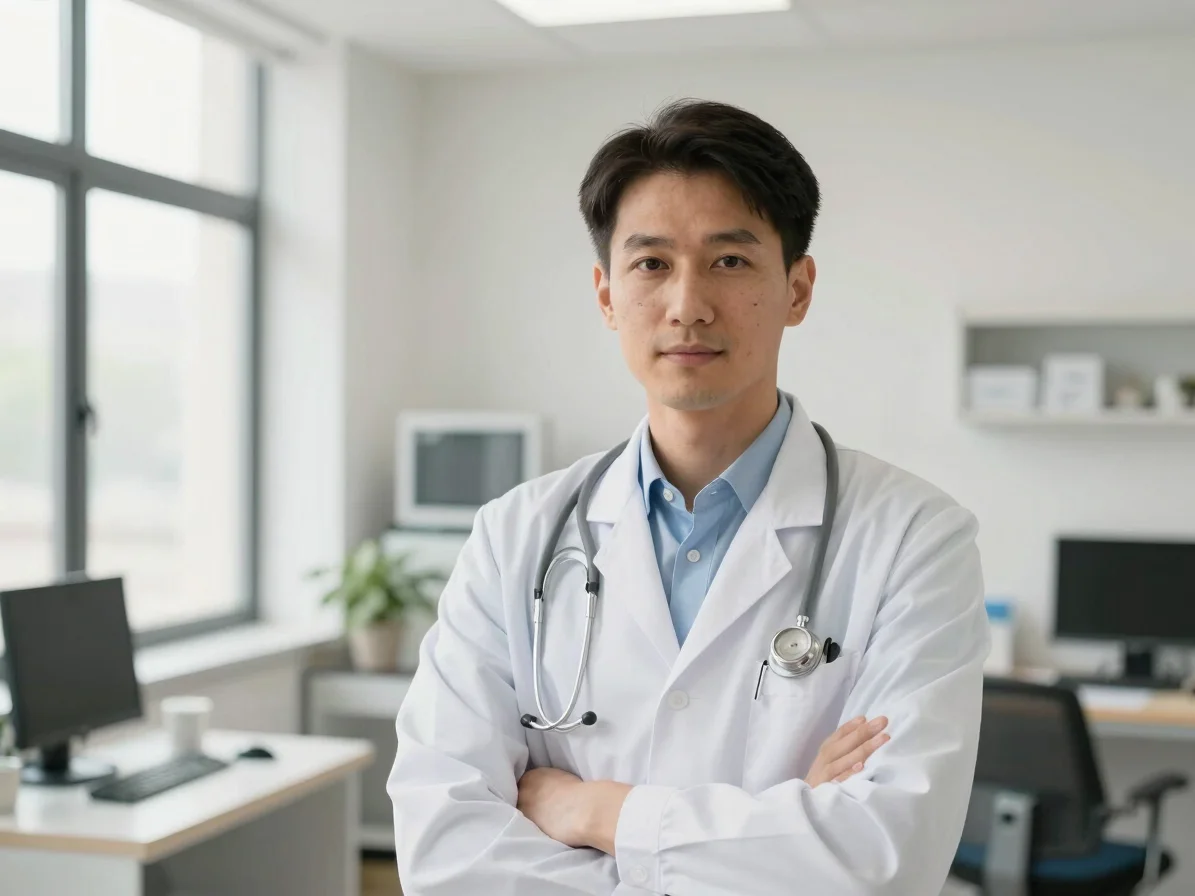 Portrait of a confident male cardiologist in a clean, well-lit me
