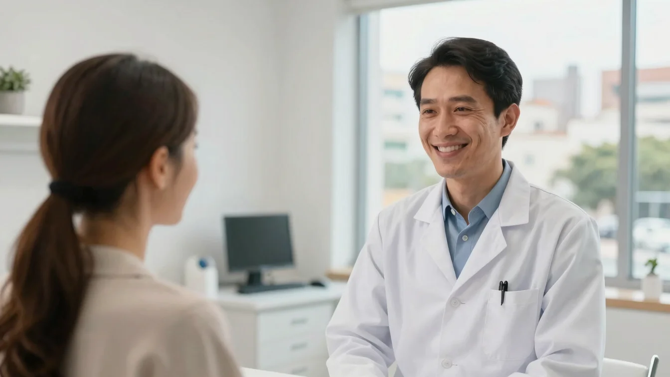 Smiling doctor in a clean, modern clinic setting, welcoming a pat